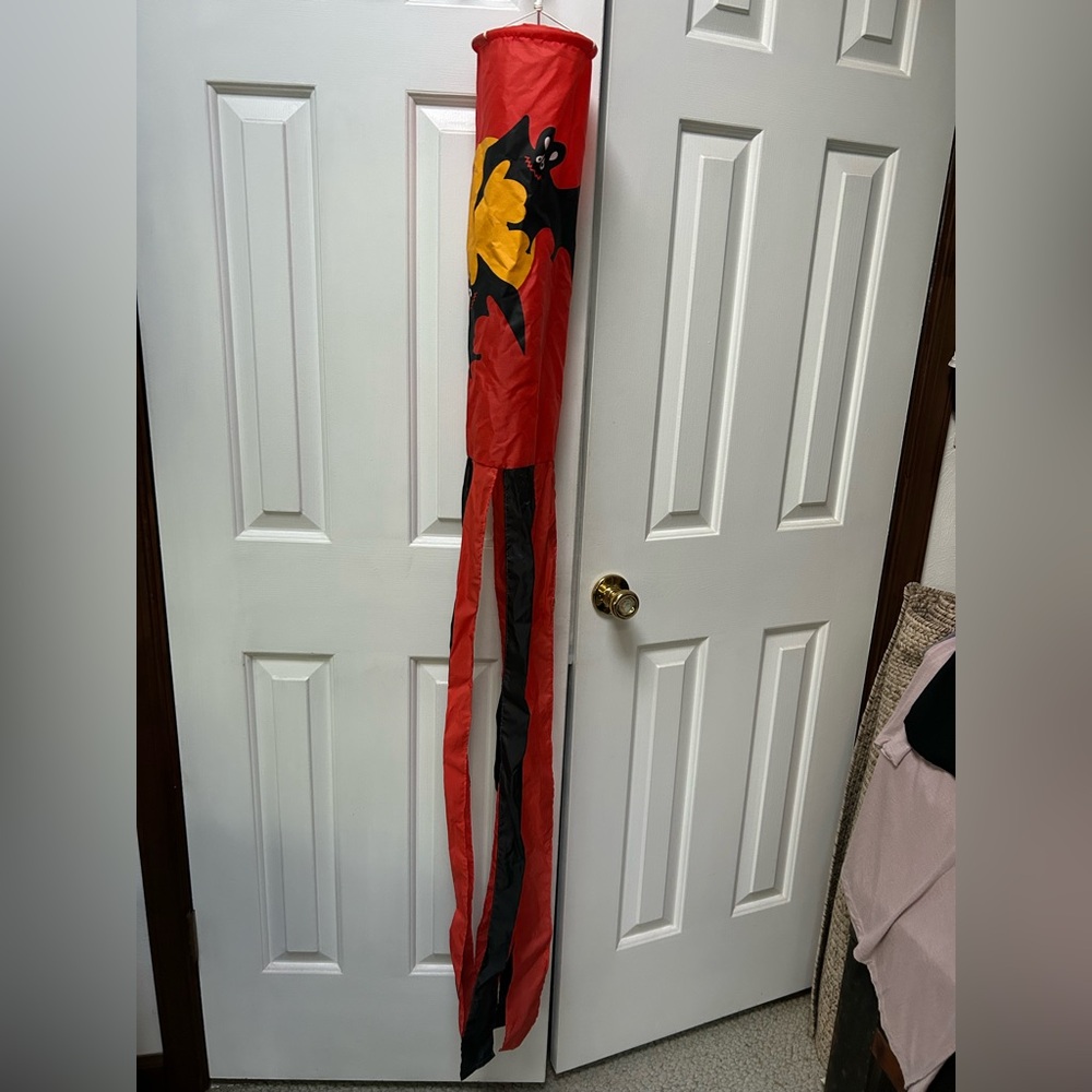 Halloween Windsock-Deep Orange Black Bat & Moon- ready to hang.